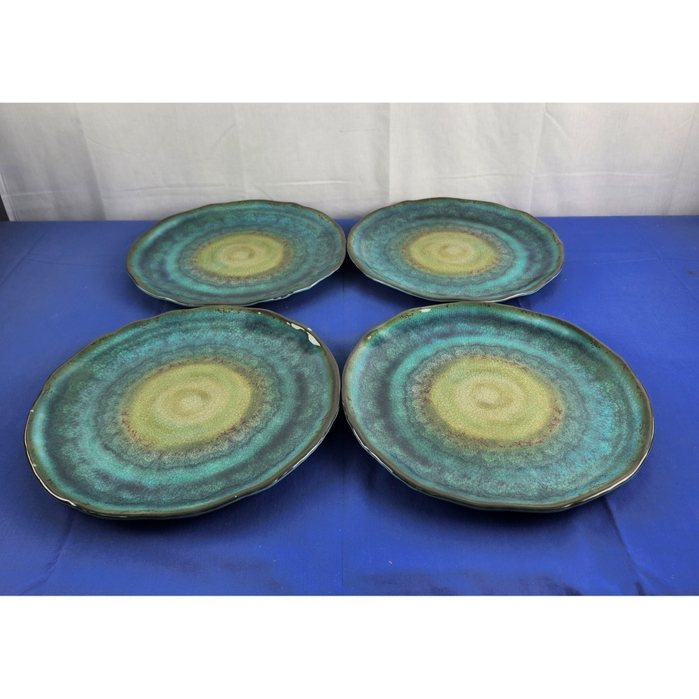 VTG Pier 1 Imports Melamine Plate Set 4 Turquoise Swirl Drip Dinner‎ Plate 10.5